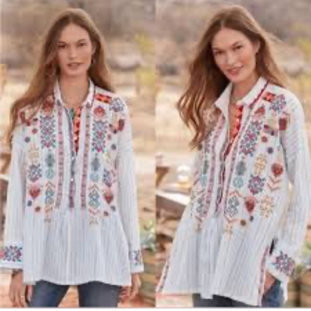 Johnny Was Size Small WhiteClapton Stripe‎ tunic Linen Embroidered Blouse
